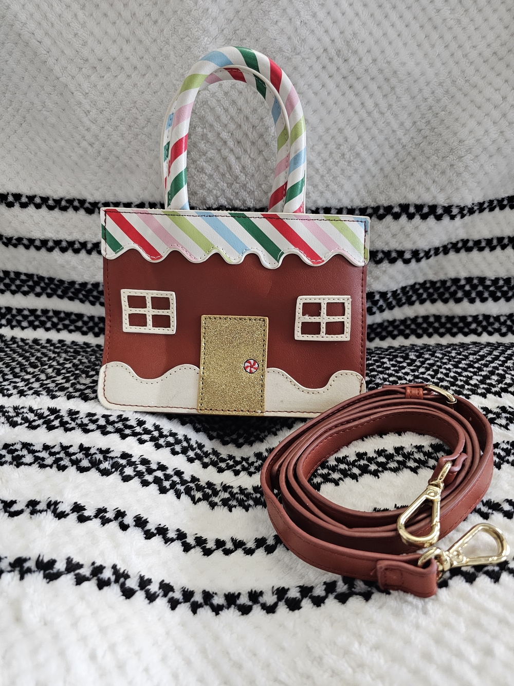 Mad Love Gingerbread House Crossbody Bag - Brown with Candy-Striped Handles